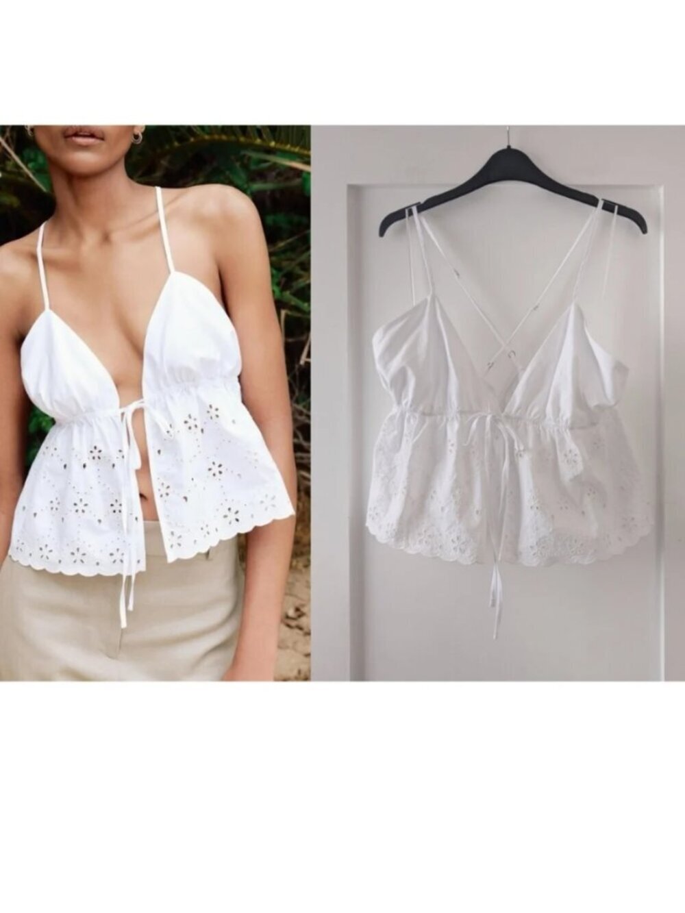 NEW! Zara | Embroidered Strappy Tie-front Top In White